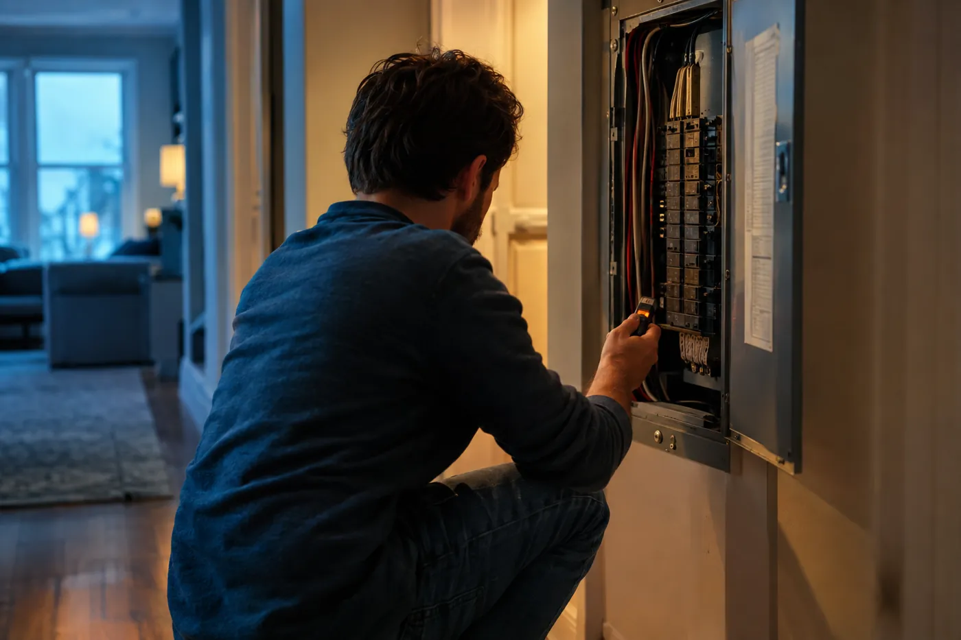 Właściciel domu samodzielnie sprawdza rozdzielnicę elektryczną za pomocą testera napięcia